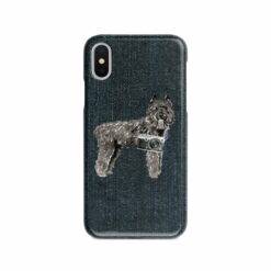 Bouvier des Flandres Denim phone case. 6 Denim styles for your Iphone 15 Pro Max, Iphone 14, 13, 12 to 6 & Samsung Galaxy S23 Ultra, S22, S21 to S6. 13 adventure dogs case denim bouvier des flandres dark denim front view