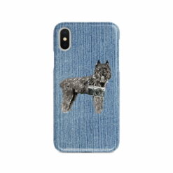 Bouvier des Flandres Denim phone case. 6 Denim styles for your Iphone 15 Pro Max, Iphone 14, 13, 12 to 6 & Samsung Galaxy S23 Ultra, S22, S21 to S6. 14 adventure dogs case denim bouvier des flandres gently faded denim front view