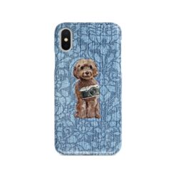 Brown Cockapoo Denim phone case. 6 Denim styles for your Iphone 15 Pro Max, Iphone 14, 13, 12 to 6 & Samsung Galaxy S23 Ultra, S22, S21 to S6. 11 adventure dogs case denim brown cockapoo bleached damask denim front view