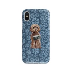 Brown Cockapoo Denim phone case. 6 Denim styles for your Iphone 15 Pro Max, Iphone 14, 13, 12 to 6 & Samsung Galaxy S23 Ultra, S22, S21 to S6. 12 adventure dogs case denim brown cockapoo daisy denim front view