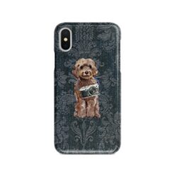 Brown Cockapoo Denim phone case. 6 Denim styles for your Iphone 15 Pro Max, Iphone 14, 13, 12 to 6 & Samsung Galaxy S23 Ultra, S22, S21 to S6. 13 adventure dogs case denim brown cockapoo dark damask denim front view