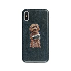 Brown Cockapoo Denim phone case. 6 Denim styles for your Iphone 15 Pro Max, Iphone 14, 13, 12 to 6 & Samsung Galaxy S23 Ultra, S22, S21 to S6. 14 adventure dogs case denim brown cockapoo dark denim front view