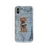 Brown Cockapoo Denim phone case. 6 Denim styles for your Iphone 15 Pro Max, Iphone 14, 13, 12 to 6 & Samsung Galaxy S23 Ultra, S22, S21 to S6. 2 adventure dogs case denim brown cockapoo faded ephemera denim front view