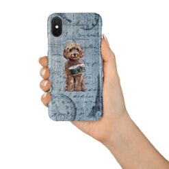 Brown Cockapoo Denim phone case. 6 Denim styles for your Iphone 15 Pro Max, Iphone 14, 13, 12 to 6 & Samsung Galaxy S23 Ultra, S22, S21 to S6. 16 adventure dogs case denim brown cockapoo faded ephemera denim in hand