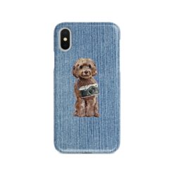 Brown Cockapoo Denim phone case. 6 Denim styles for your Iphone 15 Pro Max, Iphone 14, 13, 12 to 6 & Samsung Galaxy S23 Ultra, S22, S21 to S6. 15 adventure dogs case denim brown cockapoo gently faded denim front view