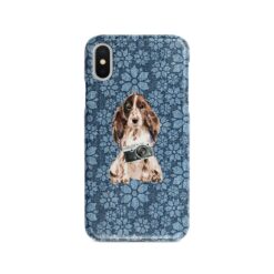 Brown Cocker Spaniel Denim phone case. 6 Denim styles for your Iphone 15 Pro Max, Iphone 14, 13, 12 to 6 & Samsung Galaxy S23 Ultra, S22, S21 to S6. 12 adventure dogs case denim brown cocker spaniel daisy denim front view