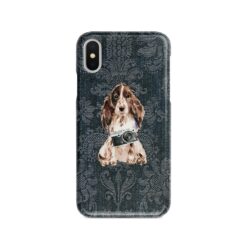 Brown Cocker Spaniel Denim phone case. 6 Denim styles for your Iphone 15 Pro Max, Iphone 14, 13, 12 to 6 & Samsung Galaxy S23 Ultra, S22, S21 to S6. 13 adventure dogs case denim brown cocker spaniel dark damask denim front view