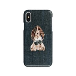 Brown Cocker Spaniel Denim phone case. 6 Denim styles for your Iphone 15 Pro Max, Iphone 14, 13, 12 to 6 & Samsung Galaxy S23 Ultra, S22, S21 to S6. 14 adventure dogs case denim brown cocker spaniel dark denim front view