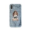 Brown Cocker Spaniel Denim phone case. 6 Denim styles for your Iphone 15 Pro Max, Iphone 14, 13, 12 to 6 & Samsung Galaxy S23 Ultra, S22, S21 to S6. 1 adventure dogs case denim brown cocker spaniel faded ephemera denim front view