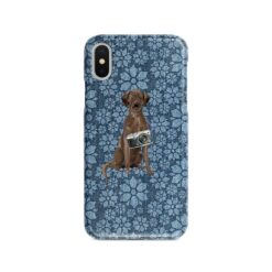 Brown Labrador retriever Denim phone case. 6 Denim styles for your Iphone 15 Pro Max, Iphone 14, 13, 12 to 6 & Samsung Galaxy S23 Ultra, S22, S21 to S6. 12 adventure dogs case denim brown labrador retriever daisy denim front view