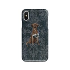 Brown Labrador retriever Denim phone case. 6 Denim styles for your Iphone 15 Pro Max, Iphone 14, 13, 12 to 6 & Samsung Galaxy S23 Ultra, S22, S21 to S6. 13 adventure dogs case denim brown labrador retriever dark damask denim front view