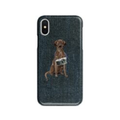 Brown Labrador retriever Denim phone case. 6 Denim styles for your Iphone 15 Pro Max, Iphone 14, 13, 12 to 6 & Samsung Galaxy S23 Ultra, S22, S21 to S6. 14 adventure dogs case denim brown labrador retriever dark denim front view