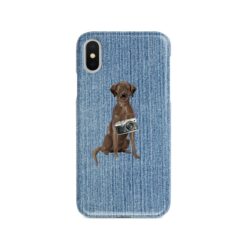 Brown Labrador retriever Denim phone case. 6 Denim styles for your Iphone 15 Pro Max, Iphone 14, 13, 12 to 6 & Samsung Galaxy S23 Ultra, S22, S21 to S6. 15 adventure dogs case denim brown labrador retriever gently faded denim front view