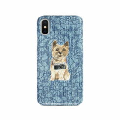 Cairn Terrier Denim phone case. 6 Denim styles for your Iphone 15 Pro Max, Iphone 14, 13, 12 to 6 & Samsung Galaxy S23 Ultra, S22, S21 to S6. 10 adventure dogs case denim cairn terrier bleached damask denim front view