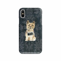 Cairn Terrier Denim phone case. 6 Denim styles for your Iphone 15 Pro Max, Iphone 14, 13, 12 to 6 & Samsung Galaxy S23 Ultra, S22, S21 to S6. 12 adventure dogs case denim cairn terrier dark damask denim front view