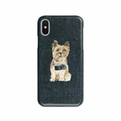 Cairn Terrier Denim phone case. 6 Denim styles for your Iphone 15 Pro Max, Iphone 14, 13, 12 to 6 & Samsung Galaxy S23 Ultra, S22, S21 to S6. 13 adventure dogs case denim cairn terrier dark denim front view