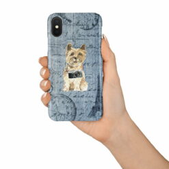 Cairn Terrier Denim phone case. 6 Denim styles for your Iphone 15 Pro Max, Iphone 14, 13, 12 to 6 & Samsung Galaxy S23 Ultra, S22, S21 to S6. 15 adventure dogs case denim cairn terrier faded ephemera denim in hand