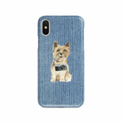 Cairn Terrier Denim phone case. 6 Denim styles for your Iphone 15 Pro Max, Iphone 14, 13, 12 to 6 & Samsung Galaxy S23 Ultra, S22, S21 to S6. 14 adventure dogs case denim cairn terrier gently faded denim front view