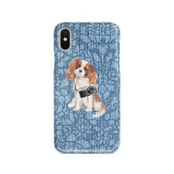 Cavalier King Charles Spaniel Denim phone case. 6 Denim styles for your Iphone 15 Pro Max, Iphone 14, 13, 12 to 6 & Samsung Galaxy S23 Ultra, S22, S21 to S6. 10 adventure dogs case denim cavalier king charles spaniel bleached damask denim front view