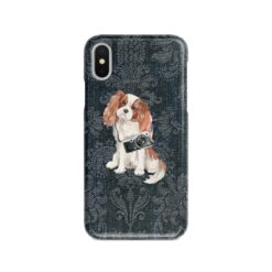 Cavalier King Charles Spaniel Denim phone case. 6 Denim styles for your Iphone 15 Pro Max, Iphone 14, 13, 12 to 6 & Samsung Galaxy S23 Ultra, S22, S21 to S6. 12 adventure dogs case denim cavalier king charles spaniel dark damask denim front view