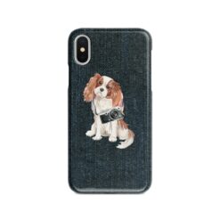 Cavalier King Charles Spaniel Denim phone case. 6 Denim styles for your Iphone 15 Pro Max, Iphone 14, 13, 12 to 6 & Samsung Galaxy S23 Ultra, S22, S21 to S6. 13 adventure dogs case denim cavalier king charles spaniel dark denim front view