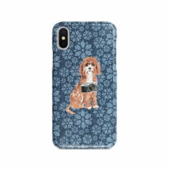 Cavapoo Denim phone case. 6 Denim styles for your Iphone 15 Pro Max, Iphone 14, 13, 12 to 6 & Samsung Galaxy S23 Ultra, S22, S21 to S6. 11 adventure dogs case denim cavapoo daisy denim front view