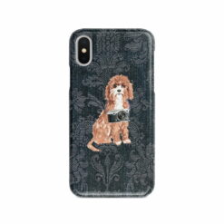 Cavapoo Denim phone case. 6 Denim styles for your Iphone 15 Pro Max, Iphone 14, 13, 12 to 6 & Samsung Galaxy S23 Ultra, S22, S21 to S6. 12 adventure dogs case denim cavapoo dark damask denim front view