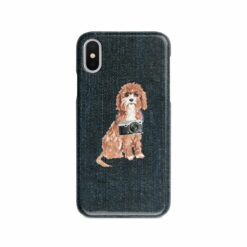 Cavapoo Denim phone case. 6 Denim styles for your Iphone 15 Pro Max, Iphone 14, 13, 12 to 6 & Samsung Galaxy S23 Ultra, S22, S21 to S6. 13 adventure dogs case denim cavapoo dark denim front view
