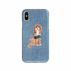 Cavapoo Denim phone case. 6 Denim styles for your Iphone 15 Pro Max, Iphone 14, 13, 12 to 6 & Samsung Galaxy S23 Ultra, S22, S21 to S6. 14 adventure dogs case denim cavapoo gently faded denim front view