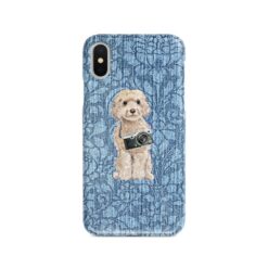 Champagne cockapoo Denim phone case. 6 Denim styles for your Iphone 15 Pro Max, Iphone 14, 13, 12 to 6 & Samsung Galaxy S23 Ultra, S22, S21 to S6. 10 adventure dogs case denim champagne cockapoo bleached damask denim front view