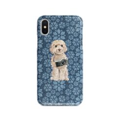 Champagne cockapoo Denim phone case. 6 Denim styles for your Iphone 15 Pro Max, Iphone 14, 13, 12 to 6 & Samsung Galaxy S23 Ultra, S22, S21 to S6. 11 adventure dogs case denim champagne cockapoo daisy denim front view