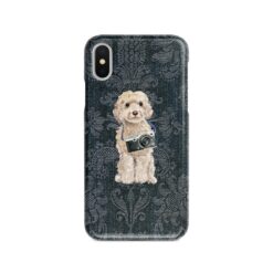 Champagne cockapoo Denim phone case. 6 Denim styles for your Iphone 15 Pro Max, Iphone 14, 13, 12 to 6 & Samsung Galaxy S23 Ultra, S22, S21 to S6. 12 adventure dogs case denim champagne cockapoo dark damask denim front view
