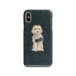 Champagne cockapoo Denim phone case. 6 Denim styles for your Iphone 15 Pro Max, Iphone 14, 13, 12 to 6 & Samsung Galaxy S23 Ultra, S22, S21 to S6. 13 adventure dogs case denim champagne cockapoo dark denim front view