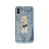 Champagne cockapoo Denim phone case. 6 Denim styles for your Iphone 15 Pro Max, Iphone 14, 13, 12 to 6 & Samsung Galaxy S23 Ultra, S22, S21 to S6. 2 adventure dogs case denim champagne cockapoo faded ephemera denim front view