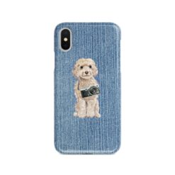 Champagne cockapoo Denim phone case. 6 Denim styles for your Iphone 15 Pro Max, Iphone 14, 13, 12 to 6 & Samsung Galaxy S23 Ultra, S22, S21 to S6. 14 adventure dogs case denim champagne cockapoo gently faded denim front view