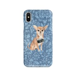 Chihuahua Denim phone case. 6 Denim styles for your Iphone 15 Pro Max, Iphone 14, 13, 12 to 6 & Samsung Galaxy S23 Ultra, S22, S21 to S6. 11 adventure dogs case denim chihuahua bleached damask denim front view