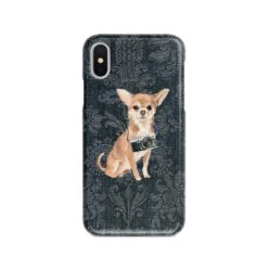 Chihuahua Denim phone case. 6 Denim styles for your Iphone 15 Pro Max, Iphone 14, 13, 12 to 6 & Samsung Galaxy S23 Ultra, S22, S21 to S6. 13 adventure dogs case denim chihuahua dark damask denim front view