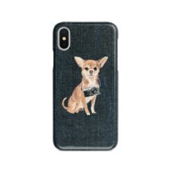 Chihuahua Denim phone case. 6 Denim styles for your Iphone 15 Pro Max, Iphone 14, 13, 12 to 6 & Samsung Galaxy S23 Ultra, S22, S21 to S6. 14 adventure dogs case denim chihuahua dark denim front view