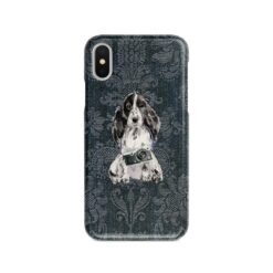 Cocker Spaniel Denim phone case. 6 Denim styles for your Iphone 15 Pro Max, Iphone 14, 13, 12 to 6 & Samsung Galaxy S23 Ultra, S22, S21 to S6. 12 adventure dogs case denim cocker spaniel dark damask denim front view