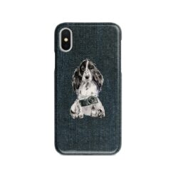 Cocker Spaniel Denim phone case. 6 Denim styles for your Iphone 15 Pro Max, Iphone 14, 13, 12 to 6 & Samsung Galaxy S23 Ultra, S22, S21 to S6. 13 adventure dogs case denim cocker spaniel dark denim front view
