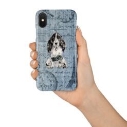 Cocker Spaniel Denim phone case. 6 Denim styles for your Iphone 15 Pro Max, Iphone 14, 13, 12 to 6 & Samsung Galaxy S23 Ultra, S22, S21 to S6. 15 adventure dogs case denim cocker spaniel faded ephemera denim in hand