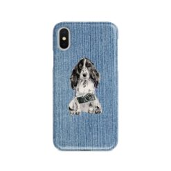 Cocker Spaniel Denim phone case. 6 Denim styles for your Iphone 15 Pro Max, Iphone 14, 13, 12 to 6 & Samsung Galaxy S23 Ultra, S22, S21 to S6. 14 adventure dogs case denim cocker spaniel gently faded denim front view