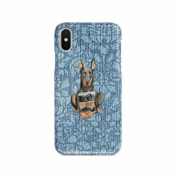 Doberman Denim phone case. 6 Denim styles for your Iphone 15 Pro Max, Iphone 14, 13, 12 to 6 & Samsung Galaxy S23 Ultra, S22, S21 to S6. 10 adventure dogs case denim doberman bleached damask denim front view