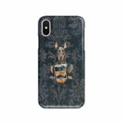 Doberman Denim phone case. 6 Denim styles for your Iphone 15 Pro Max, Iphone 14, 13, 12 to 6 & Samsung Galaxy S23 Ultra, S22, S21 to S6. 12 adventure dogs case denim doberman dark damask denim front view