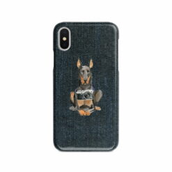 Doberman Denim phone case. 6 Denim styles for your Iphone 15 Pro Max, Iphone 14, 13, 12 to 6 & Samsung Galaxy S23 Ultra, S22, S21 to S6. 13 adventure dogs case denim doberman dark denim front view