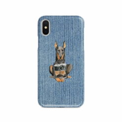 Doberman Denim phone case. 6 Denim styles for your Iphone 15 Pro Max, Iphone 14, 13, 12 to 6 & Samsung Galaxy S23 Ultra, S22, S21 to S6. 14 adventure dogs case denim doberman gently faded denim front view