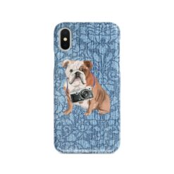 English Bulldog Denim phone case. 6 Denim styles for your Iphone 15 Pro Max, Iphone 14, 13, 12 to 6 & Samsung Galaxy S23 Ultra, S22, S21 to S6. 10 adventure dogs case denim english bulldog bleached damask denim front view