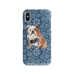 English Bulldog Denim phone case. 6 Denim styles for your Iphone 15 Pro Max, Iphone 14, 13, 12 to 6 & Samsung Galaxy S23 Ultra, S22, S21 to S6. 11 adventure dogs case denim english bulldog daisy denim front view