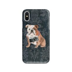 English Bulldog Denim phone case. 6 Denim styles for your Iphone 15 Pro Max, Iphone 14, 13, 12 to 6 & Samsung Galaxy S23 Ultra, S22, S21 to S6. 12 adventure dogs case denim english bulldog dark damask denim front view