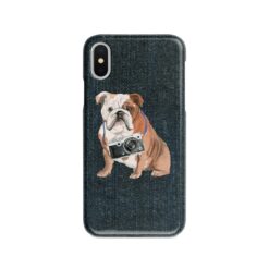 English Bulldog Denim phone case. 6 Denim styles for your Iphone 15 Pro Max, Iphone 14, 13, 12 to 6 & Samsung Galaxy S23 Ultra, S22, S21 to S6. 13 adventure dogs case denim english bulldog dark denim front view